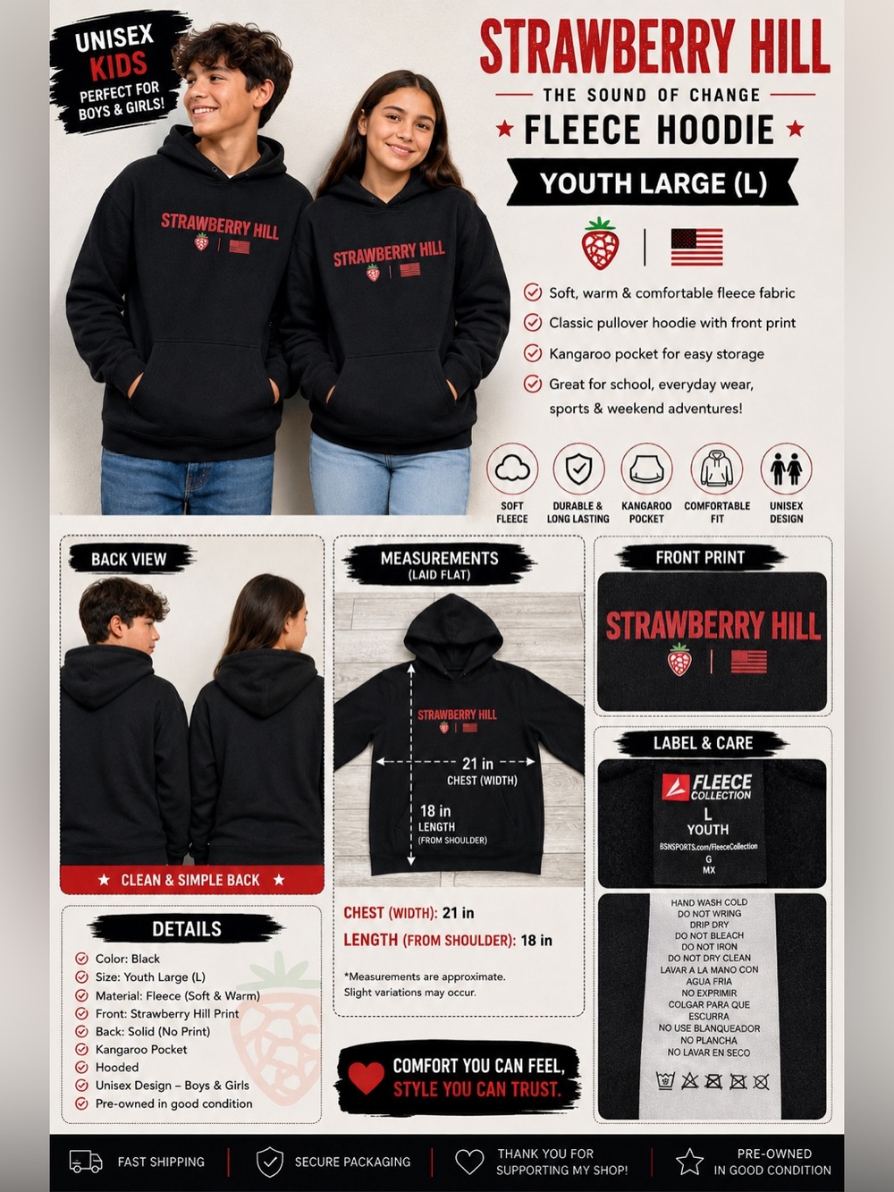 Strawberry Hill Youth Large L Black Fleece Pullover Hoodie Sweatshirt USA Flag